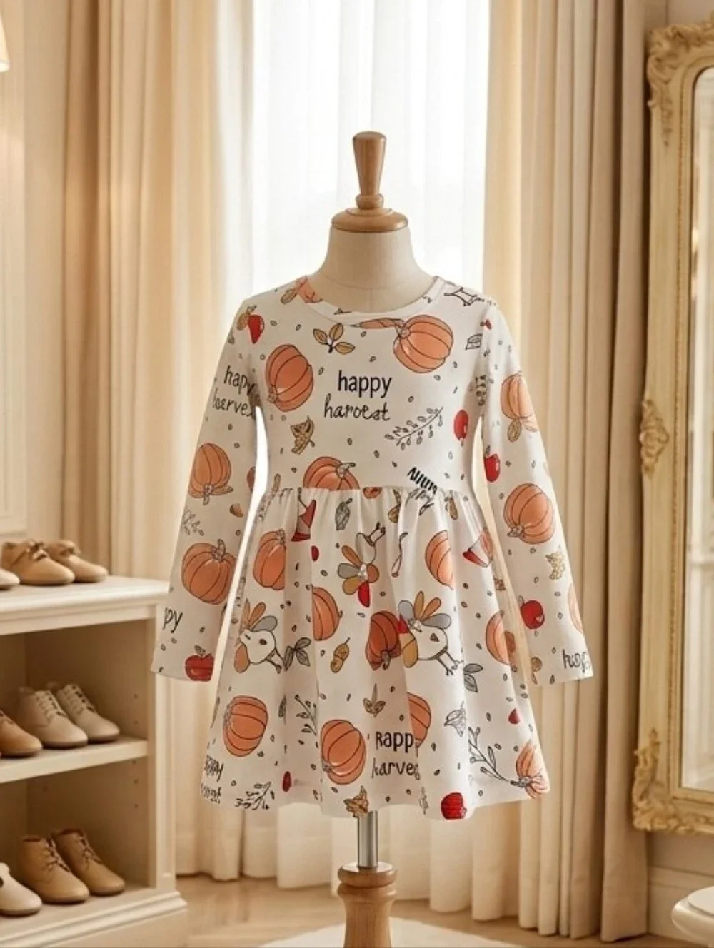 Happy Harvest Off White Pumpkin & Turkey Long Sleeve Dress Size 12–18M